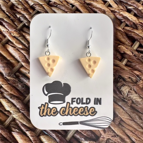 New Handmade “Fold In the Cheese” Dangle Earrings (1.5” long x 0.5” wide) - Picture 1 of 5